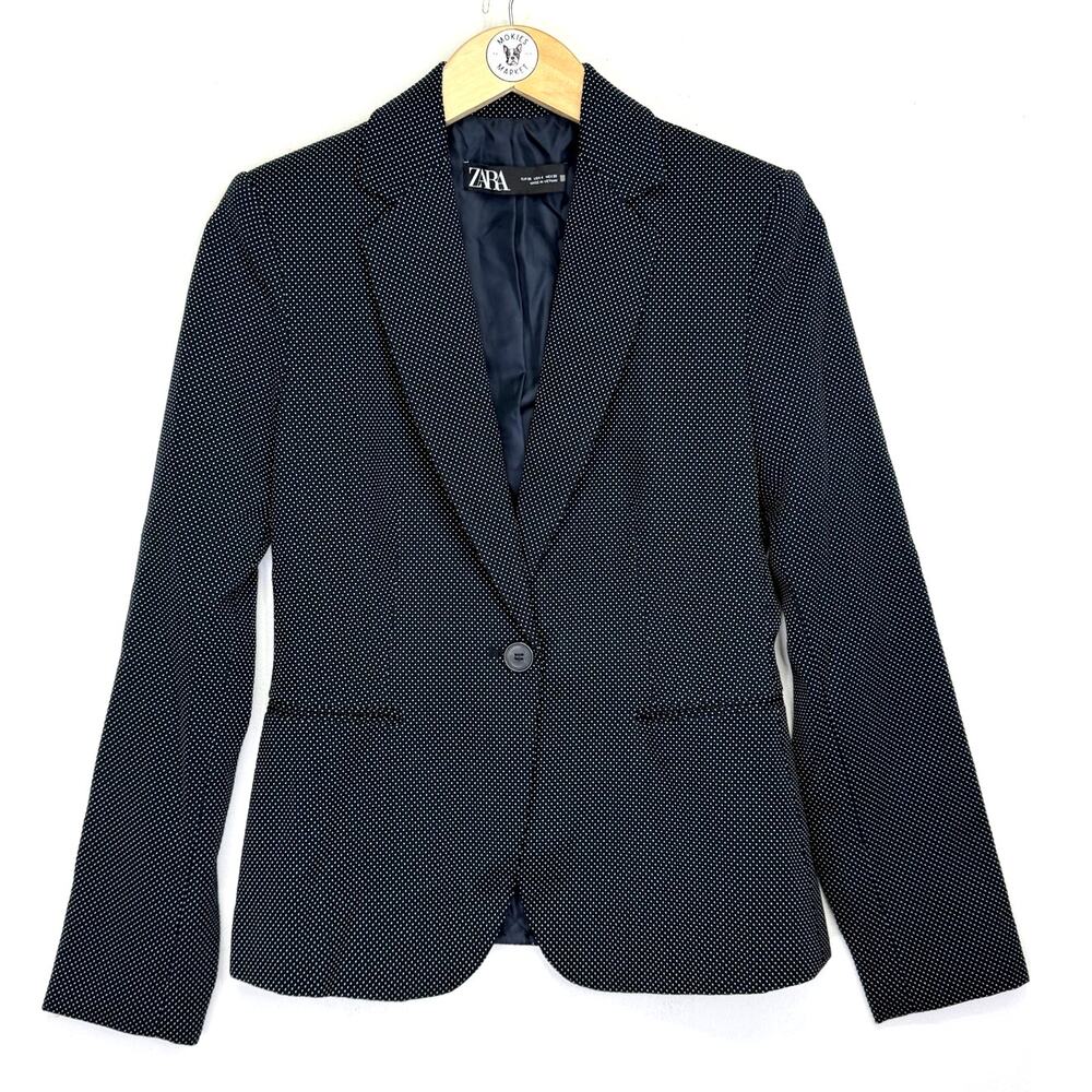 ZARA Blazer Womens 4 Nav Blue & White Polka Dot Suit Coat Business Casual Preppy